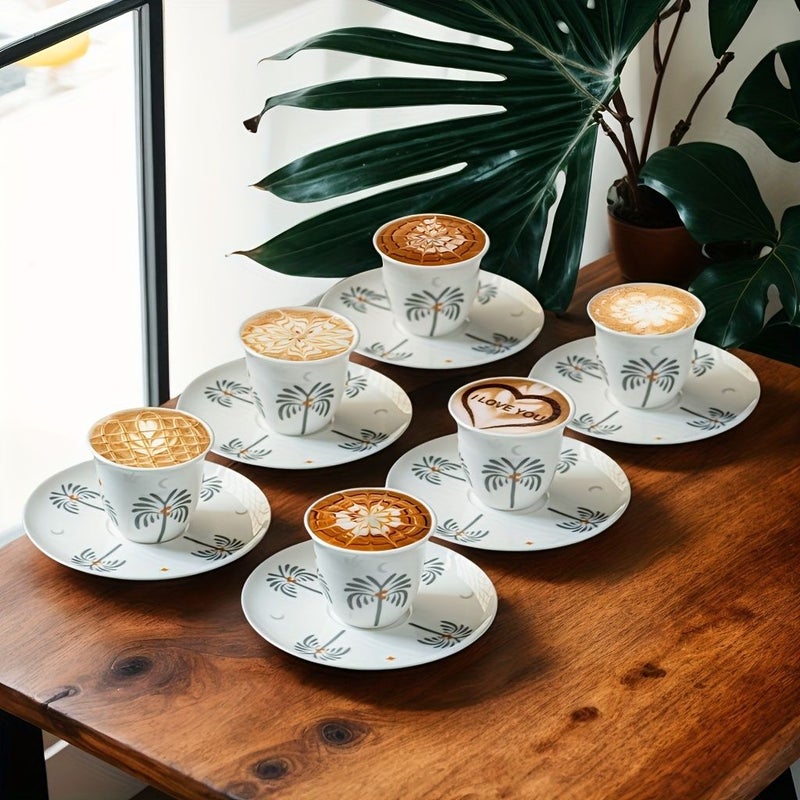 Set Of 6 Gray Coconut Tree Coffee Cups And Plates Espresso Set For Home - Image 4
