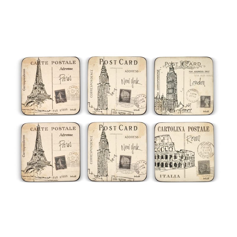 Pimpernel Postcard Sketches Collection Coasters | Set of 6 | Cork Backed Board | Heat and Stain Resistant | Drinks Coaster for Tabletop Protection | Measures 4” x 4” - Image 1