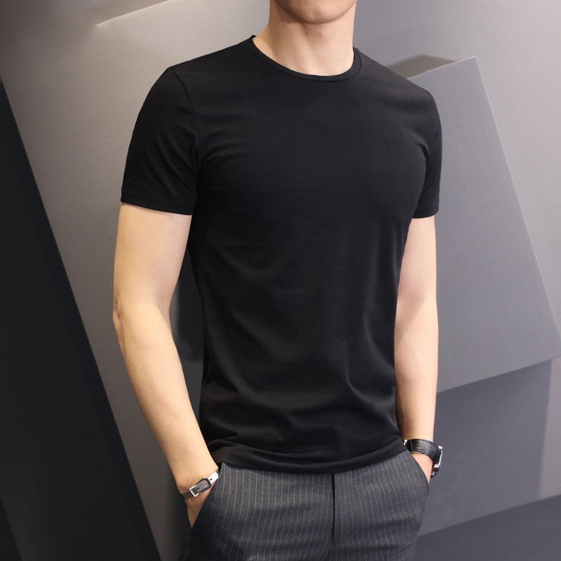 White Short-sleeved T-shirt Mens Summer Korean-style Solid Color Round Neck Half-sleeved Ice Silk T-shirt Clothes Slim Fit Base Shirt Top Black  - Image 1