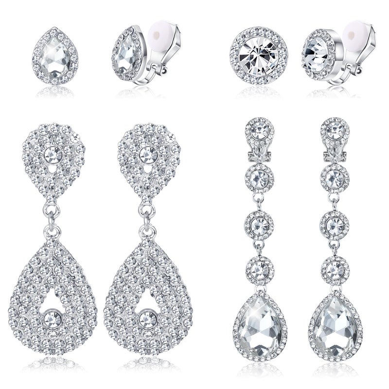 Jstyle 4 Pairs Silver Clip on Earrings for Women Elegant Rhinestone Clip on Earrings Dangle Drop for Brides Bridesmaids Non Pierced Earrings Set-Clip Stud and Dangle Earrings Style - Image 1