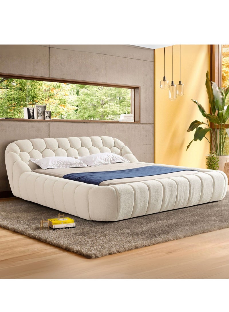 Wooden Twist Bubble Design Modern Cloud Bed In Soft Boucle Fabric (Super King Size)  - Image 1