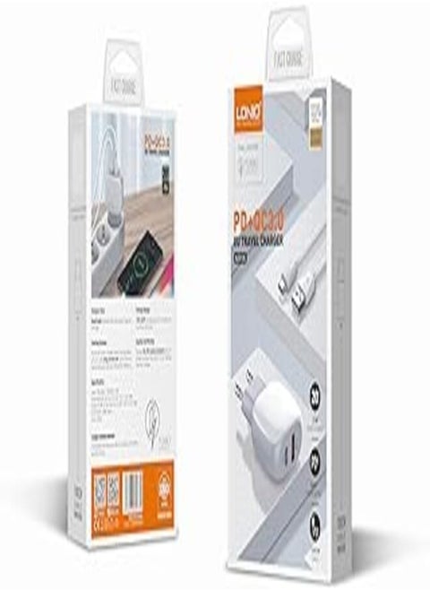 LDNIO A2313C Mobile Phone Charger EU Plug With Cable From Type C To Lightning And USB Type C Ports - White
