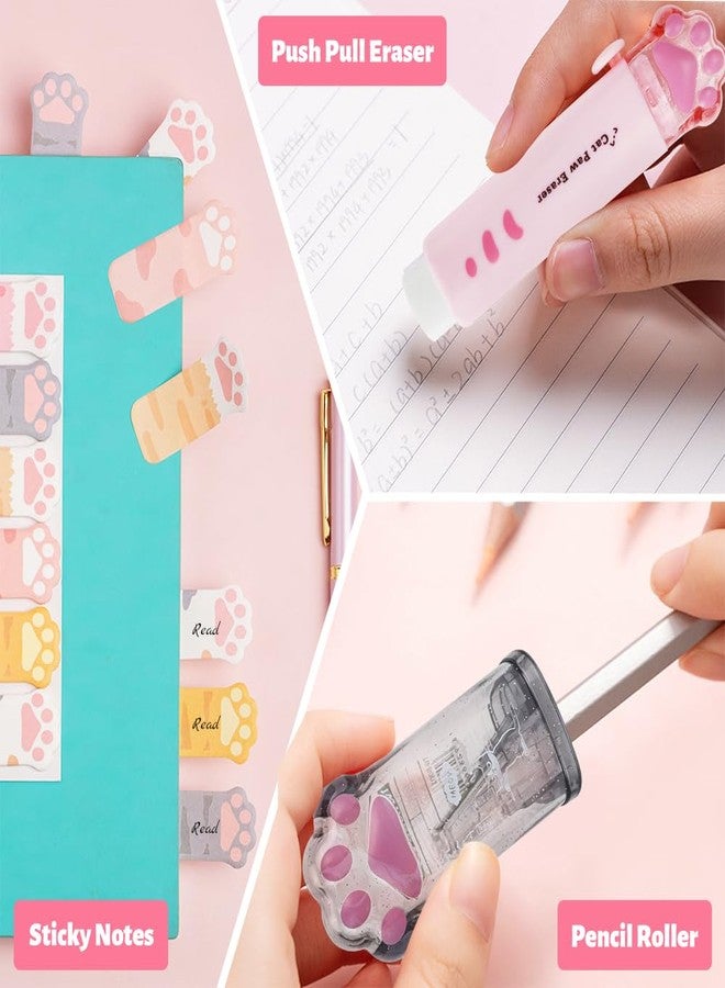 DIBALIYI 13 Pcs Cute Cat Paw Stationery Set, Kawaii Cartoon Mini Pencil Roller, Retractable Eraser, Correction Tape, Push Up Dotting Pens, Ruler, Sticky Notes, Highlighters for Kids Cat Lovers - Image 3