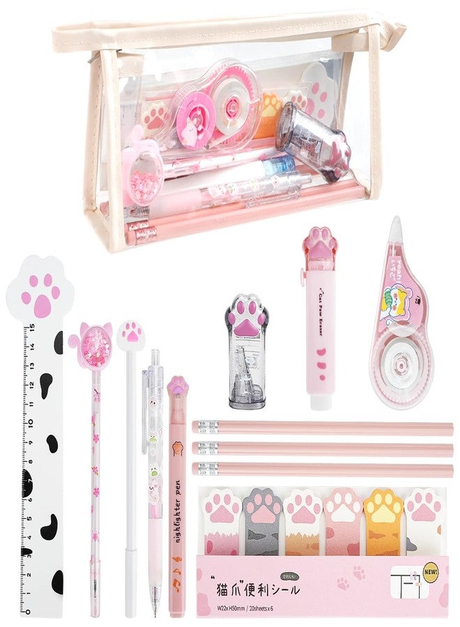 DIBALIYI 13 Pcs Cute Cat Paw Stationery Set, Kawaii Cartoon Mini Pencil Roller, Retractable Eraser, Correction Tape, Push Up Dotting Pens, Ruler, Sticky Notes, Highlighters for Kids Cat Lovers - Image 1
