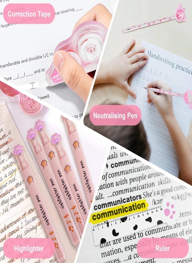 DIBALIYI 13 Pcs Cute Cat Paw Stationery Set, Kawaii Cartoon Mini Pencil Roller, Retractable Eraser, Correction Tape, Push Up Dotting Pens, Ruler, Sticky Notes, Highlighters for Kids Cat Lovers - Image 4