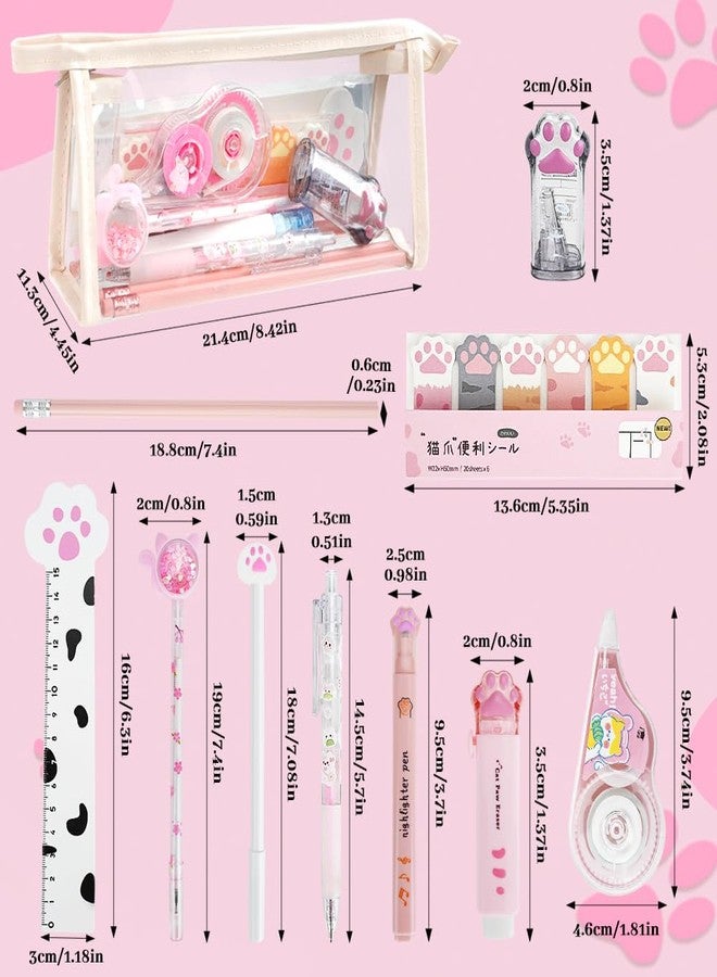 DIBALIYI 13 Pcs Cute Cat Paw Stationery Set, Kawaii Cartoon Mini Pencil Roller, Retractable Eraser, Correction Tape, Push Up Dotting Pens, Ruler, Sticky Notes, Highlighters for Kids Cat Lovers - Image 2