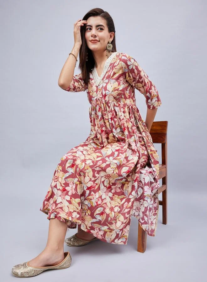 Winered Rust Floral Rayon V-Neck Kurta With Regular Pants Set