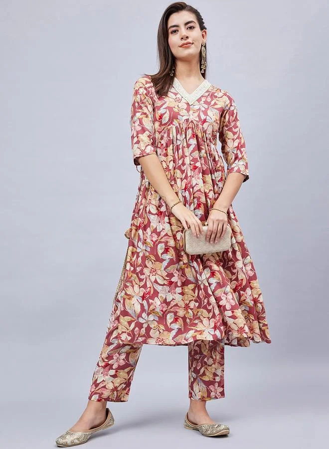 Winered Rust Floral Rayon V-Neck Kurta With Regular Pants Set