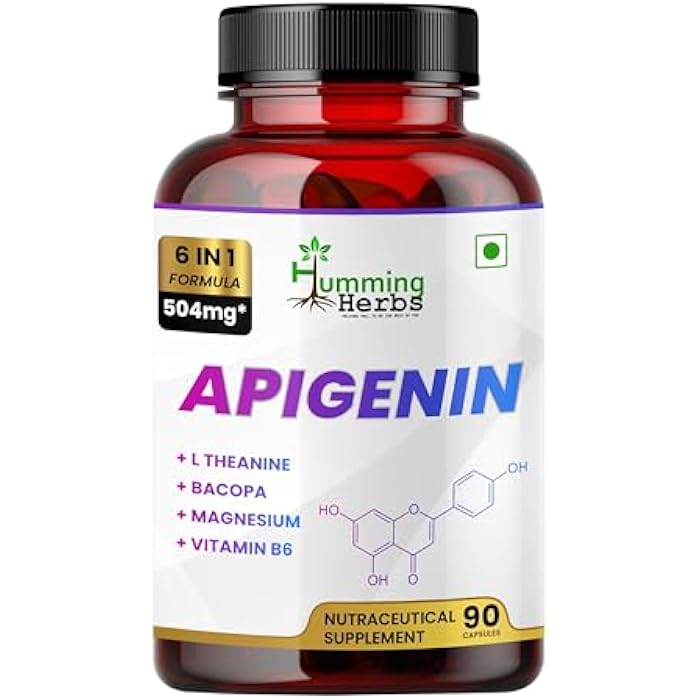 Humming Herbs Apigenin 504mg 6-in-1 Brain & Wellness Supplement with L-Theanine, Bacopa, Magnesium, Vitamin B6, Piper Nigrum – 90 Vegan Capsules - Image 1