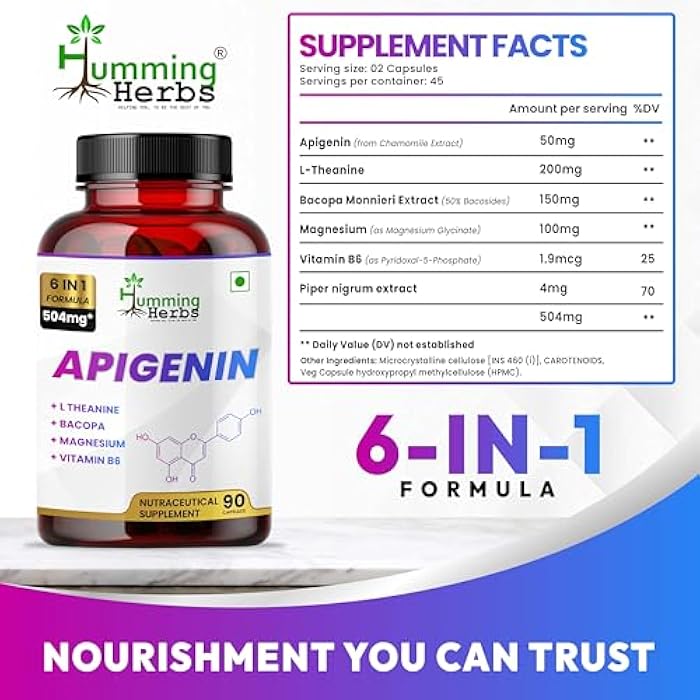 Humming Herbs Apigenin 504mg 6-in-1 Brain & Wellness Supplement with L-Theanine, Bacopa, Magnesium, Vitamin B6, Piper Nigrum – 90 Vegan Capsules - Image 3