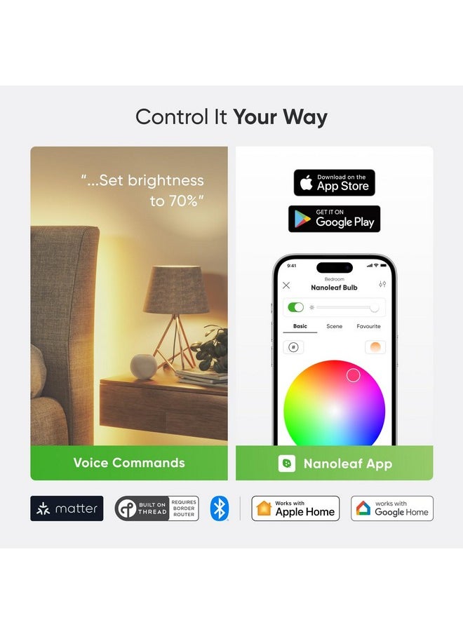 Nanoleaf Nanoleaf Essentials Smart LED Color-Changing Wi-Fi A19 Light Bulb (60W) - RGB & Warm to Cool Whites, App & Voice Control (Works with Apple Home, Google Home) - 4PK  - Image 2