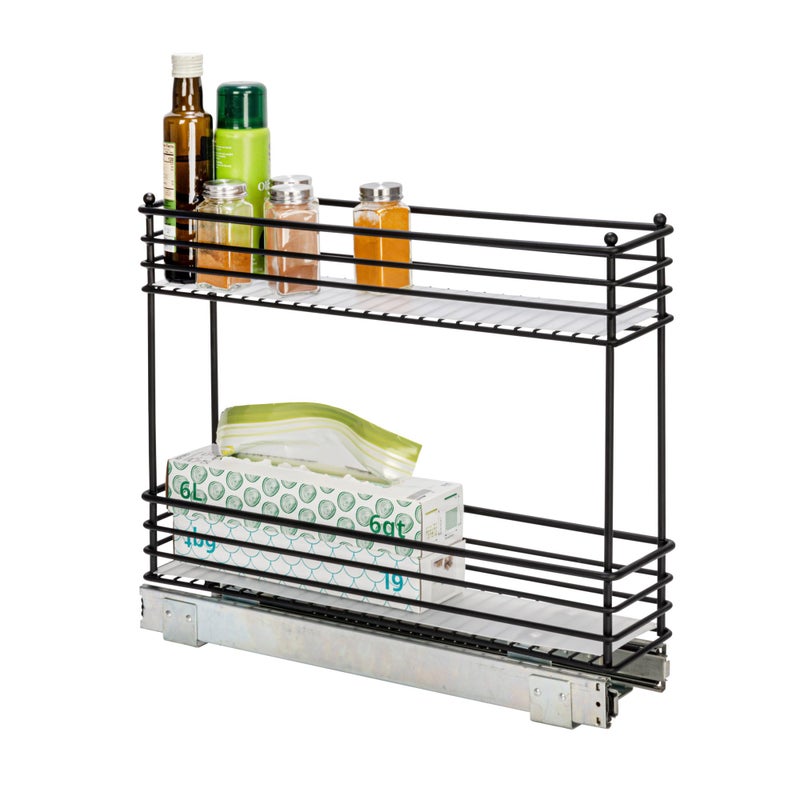 Household Essentials Narrow Sliding Cabinet Organizer Two Tier Organizer Matte Black Great for Slim Cabinets in Kitchen Bathroom and More 5