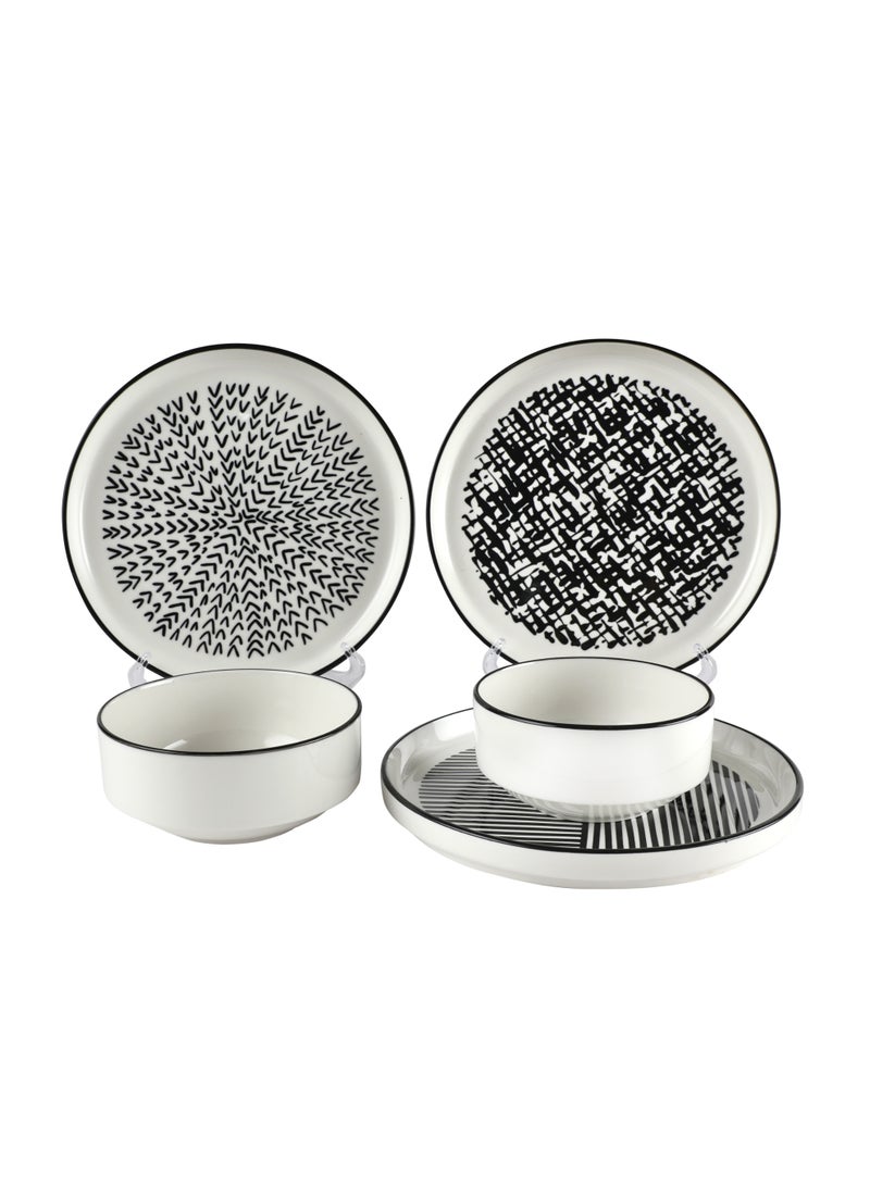 Noon East 12 Piece Porcelain Breakfast Set | Serves 6 | 6 Salad Plates, 4 Small Bowls, 2 Big Bowls | Dishwasher and Microwave Safe | Black Pattern Design - Image 5