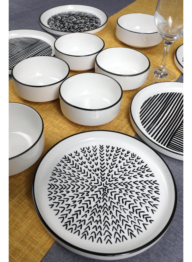 Noon East 12 Piece Porcelain Breakfast Set | Serves 6 | 6 Salad Plates, 4 Small Bowls, 2 Big Bowls | Dishwasher and Microwave Safe | Black Pattern Design - Image 3