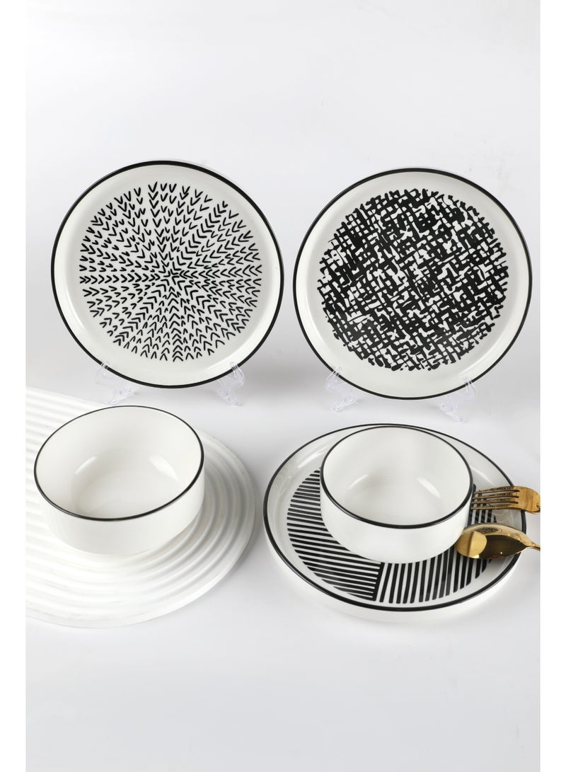 Noon East 12 Piece Porcelain Breakfast Set | Serves 6 | 6 Salad Plates, 4 Small Bowls, 2 Big Bowls | Dishwasher and Microwave Safe | Black Pattern Design - Image 4