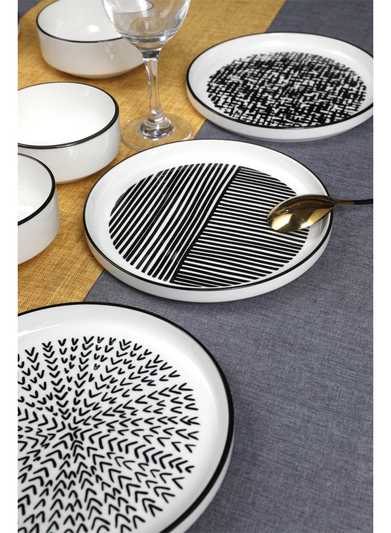 Noon East 12 Piece Porcelain Breakfast Set | Serves 6 | 6 Salad Plates, 4 Small Bowls, 2 Big Bowls | Dishwasher and Microwave Safe | Black Pattern Design - Image 2