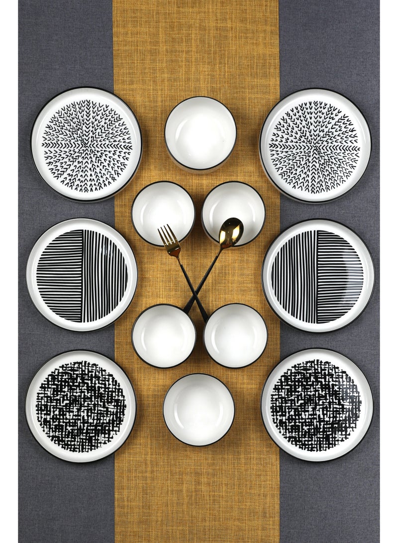 Noon East 12 Piece Porcelain Breakfast Set | Serves 6 | 6 Salad Plates, 4 Small Bowls, 2 Big Bowls | Dishwasher and Microwave Safe | Black Pattern Design - Image 1