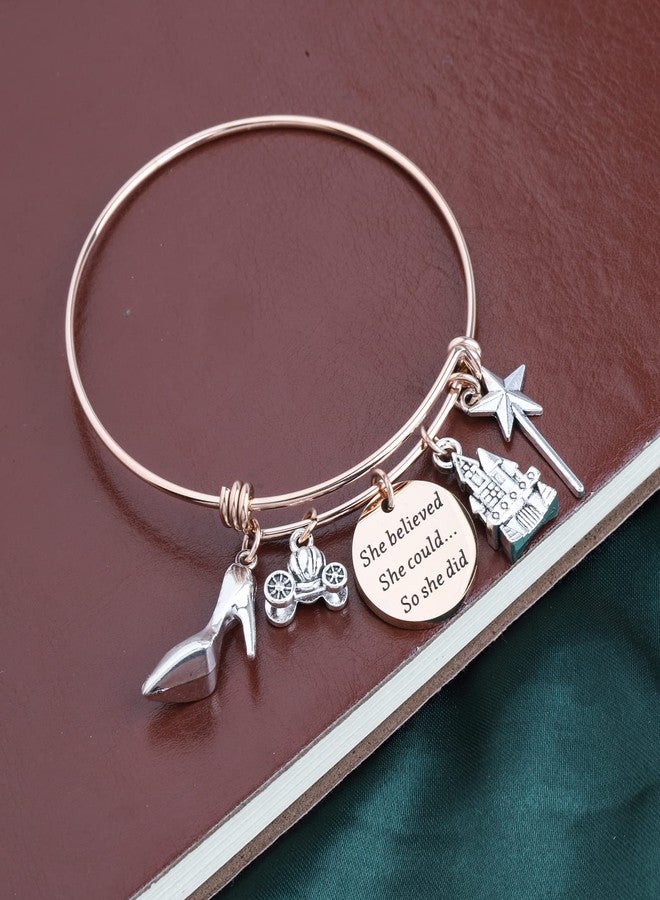 PLITI She Believed She Could So She Did Bracelet Fairy Tale Fans Gift Princess Stainless Steel Adjustable Bracelet Gift Friend Jewelry (She believed Cind bg RG) - Image 5