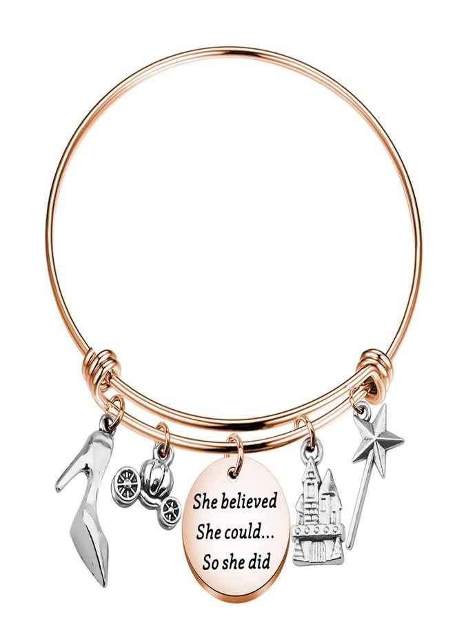 PLITI She Believed She Could So She Did Bracelet Fairy Tale Fans Gift Princess Stainless Steel Adjustable Bracelet Gift Friend Jewelry (She believed Cind bg RG) - Image 1