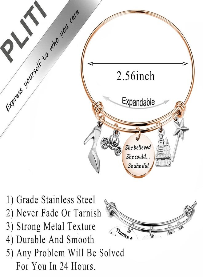 PLITI She Believed She Could So She Did Bracelet Fairy Tale Fans Gift Princess Stainless Steel Adjustable Bracelet Gift Friend Jewelry (She believed Cind bg RG) - Image 2