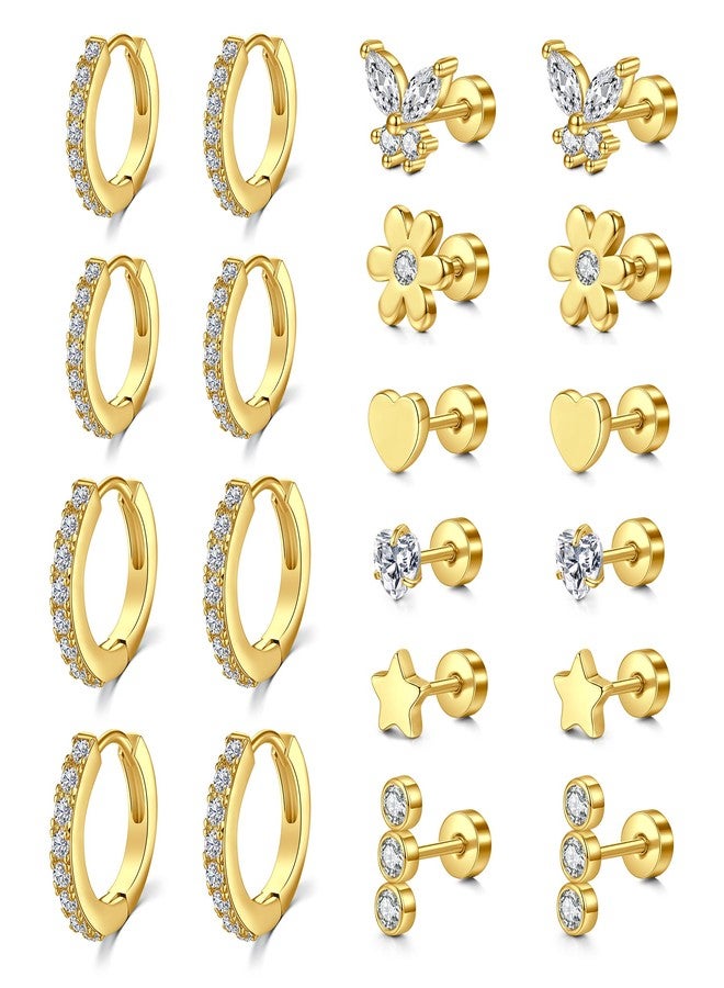 D.Bella Surgical Steel Earrings for Sensitive Ears Hypoallergenic 20G Tragus eEarrings Stud Hoop Earrings for Women Men Flat Back Earrings Cartilage Earrings Hoop Stud-Gold - Image 1