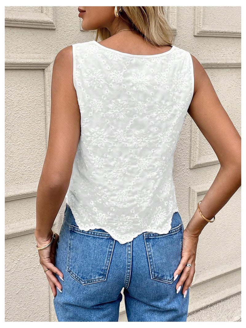SHENHE Women's Summer Sleeveless Embroidered Dressy Casual Blouse Scalloped Going Out Top White Large - Image 2