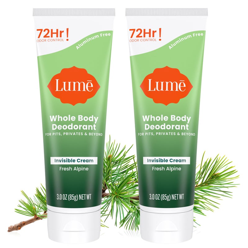Lume Whole Body Deodorant  Invisible Cream Tube  72 Hour Odor Control  Aluminum Free Baking Soda Free Skin Safe  30 ounce Pack of 2 Fresh Alpine