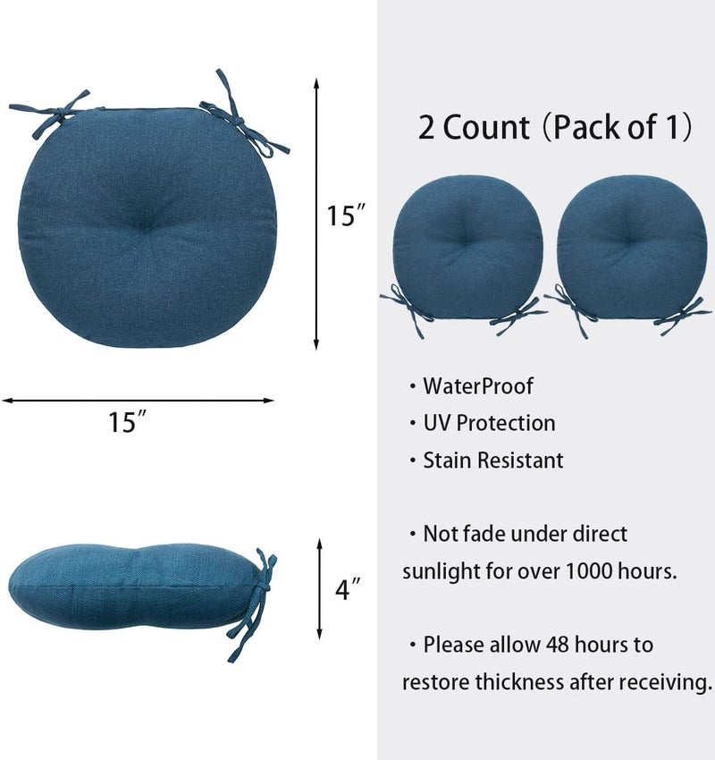 FUNHOME Bistro Chair Cushions 15 inch,Set of 2,Tufted Round Chair Cushions with Ties,15"x15"x4",Water Resistant Round Seat Cushion for Barstool Chairs,Patio Garden Kitchen Outdoor Furniture(Denim Blue) - Image 5