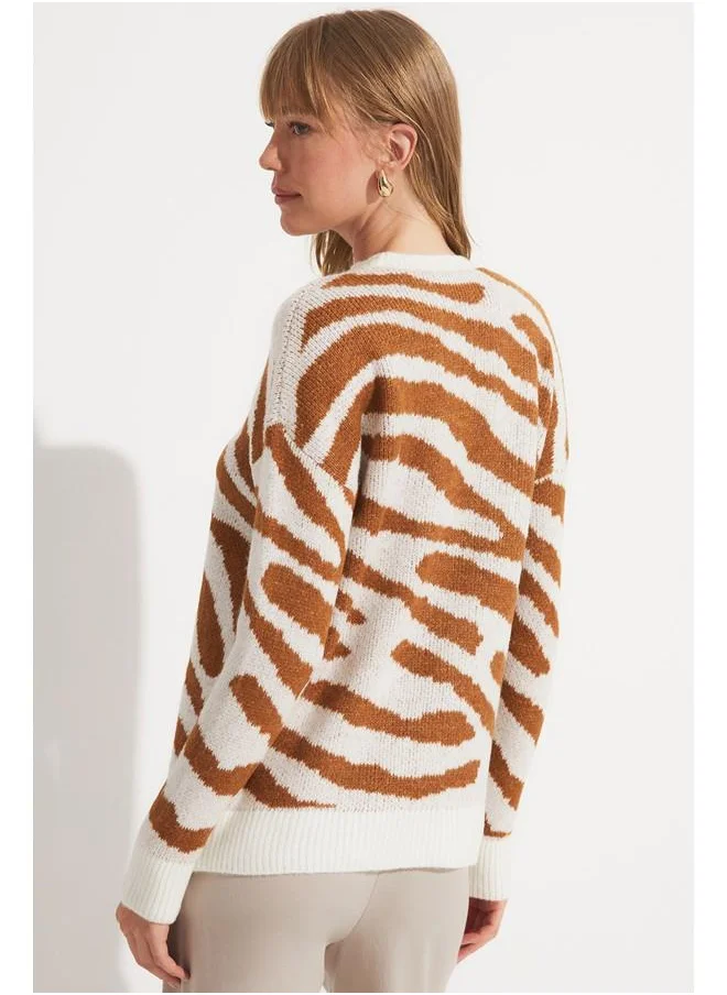 جون June Zebra Patterned Knitwear Sweater Tan