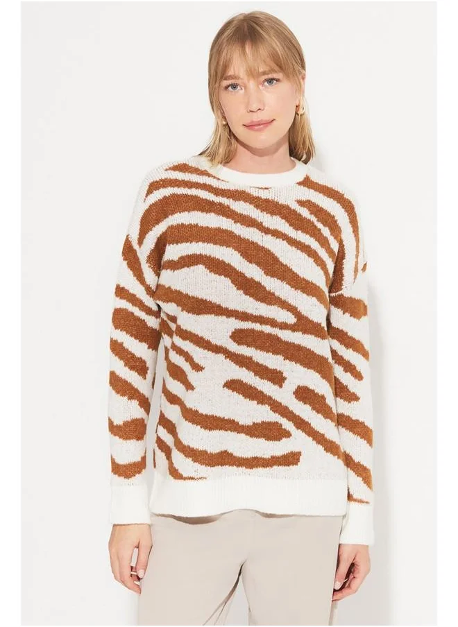 جون June Zebra Patterned Knitwear Sweater Tan