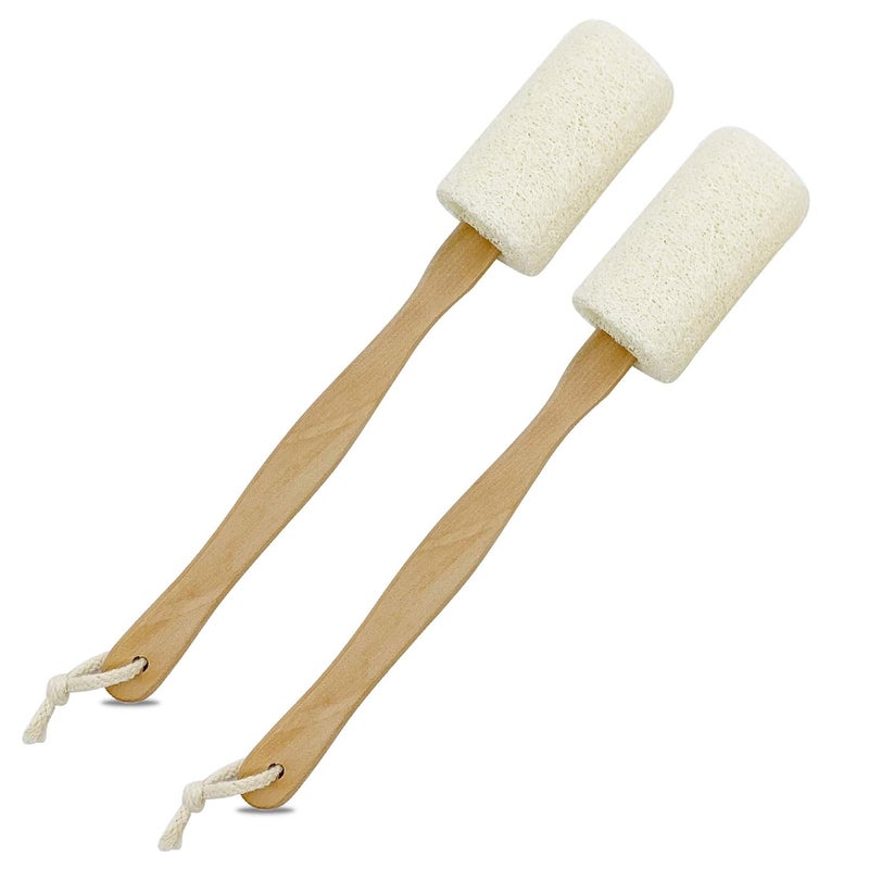 Shellvcase Loofah Back Scrubber for Shower Shellvcase Loofah on a Stick with Natural Loofah Sponge Exfoliating Body Sponge Scrubber With Long Wooden Handle Back Brush For Men  Women in Bath Spa Shower 2 Pack - Image 1