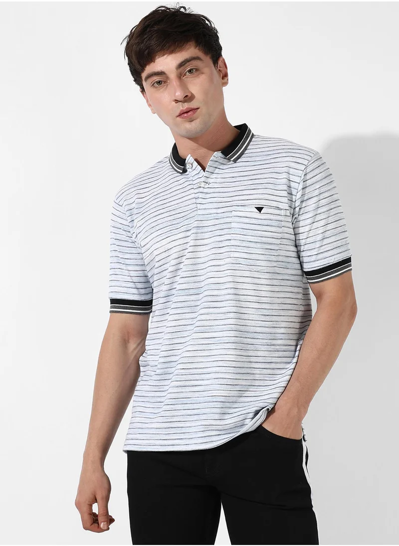 Campus Sutra Men's Grey Striped Polo T-Shirt