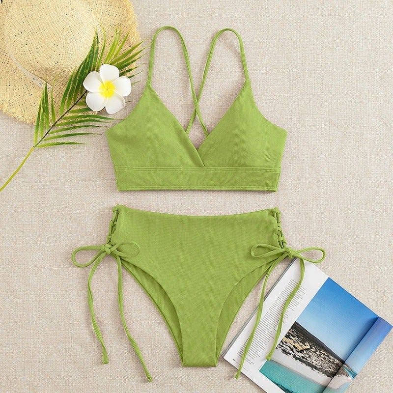 Solid Color Split Swimsuit Women'S Backless Strap Bikini Bikini - Image 3