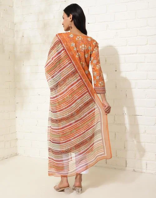 Fabindia Avni Orange Cotton Printed Dupatta & Kurta Set