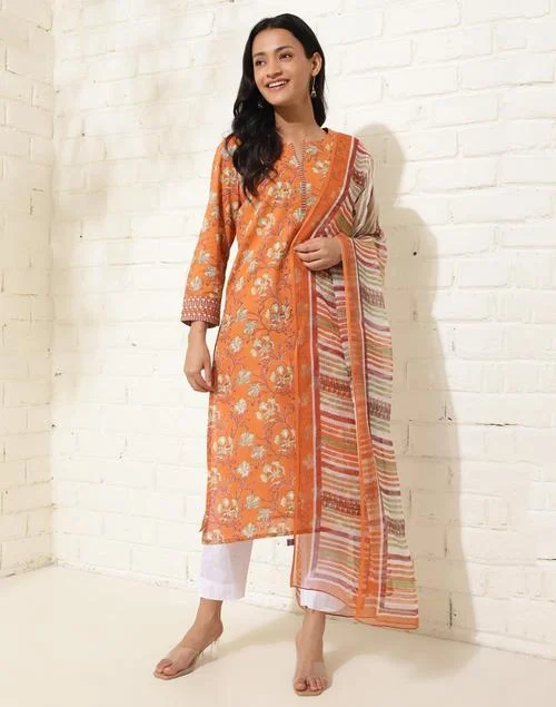 Fabindia Avni Orange Cotton Printed Dupatta & Kurta Set