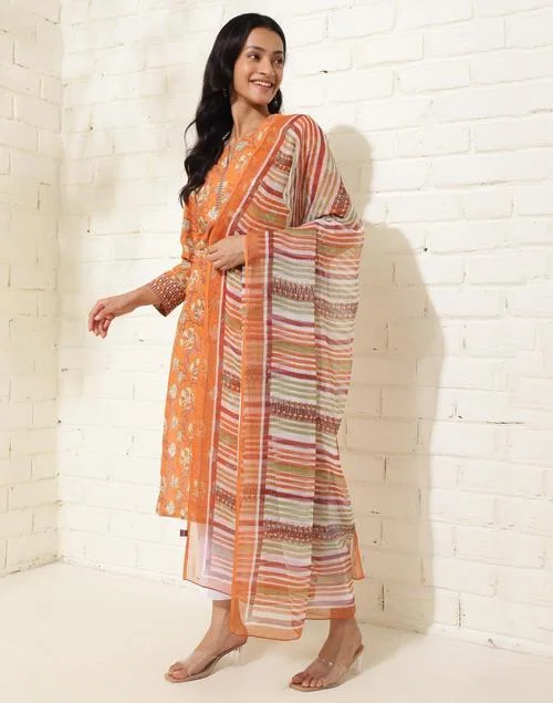 Fabindia Avni Orange Cotton Printed Dupatta & Kurta Set