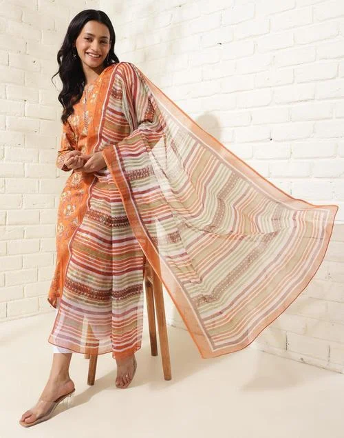 Fabindia Avni Orange Cotton Printed Dupatta & Kurta Set