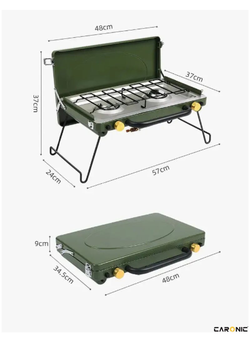 CARONIC Portable Camping Gas Stove Double Burner Outdoor Automatic Ignition System Enamel Pan Support Green  - Image 5