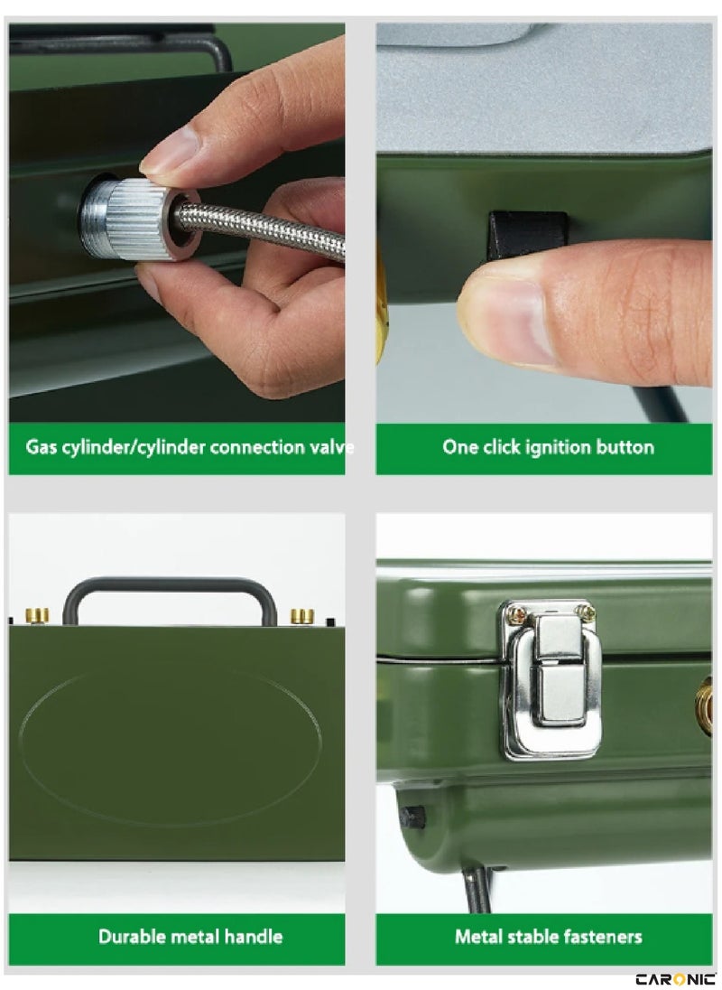 CARONIC Portable Camping Gas Stove Double Burner Outdoor Automatic Ignition System Enamel Pan Support Green  - Image 3