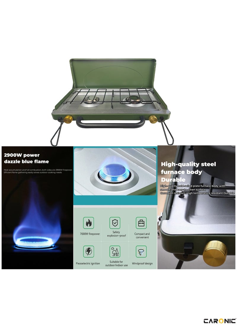 CARONIC Portable Camping Gas Stove Double Burner Outdoor Automatic Ignition System Enamel Pan Support Green  - Image 2