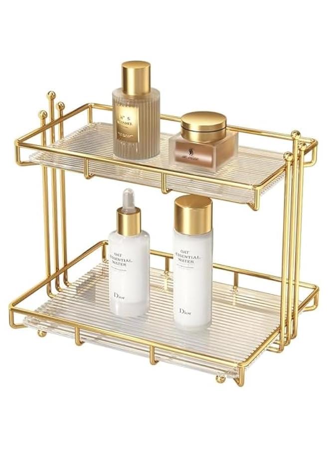 HOOKOR Gold 2-Tier Makeup Skincare Organizer: Versatile Bathroom, Dresser Countertop Vanity Storage with Removable Glass Tray, Ideal for Perfume, Jewelry, Kitchen Essentials - Image 1