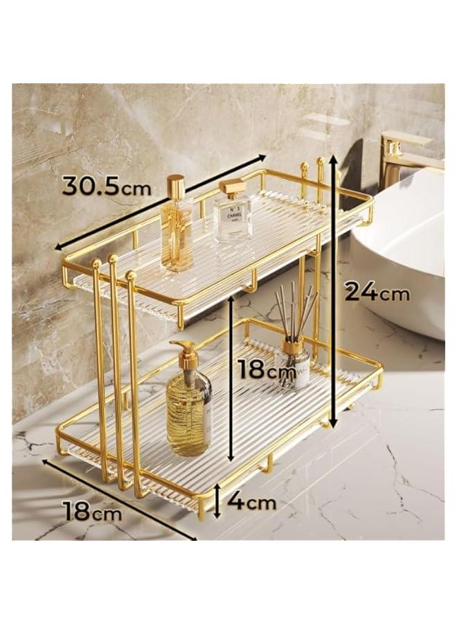 HOOKOR Gold 2-Tier Makeup Skincare Organizer: Versatile Bathroom, Dresser Countertop Vanity Storage with Removable Glass Tray, Ideal for Perfume, Jewelry, Kitchen Essentials - Image 2