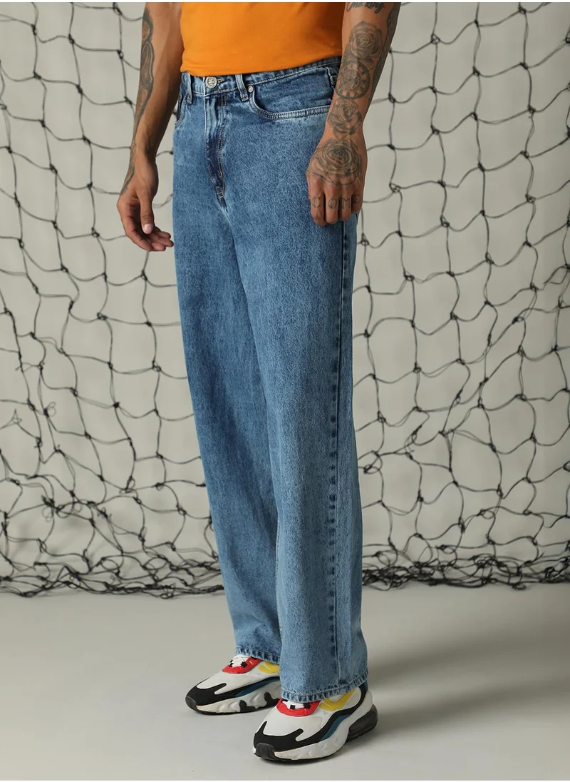 Hubberholme Men's Indigo 100% Cotton Distressed Full Length Loose Fit Jeans