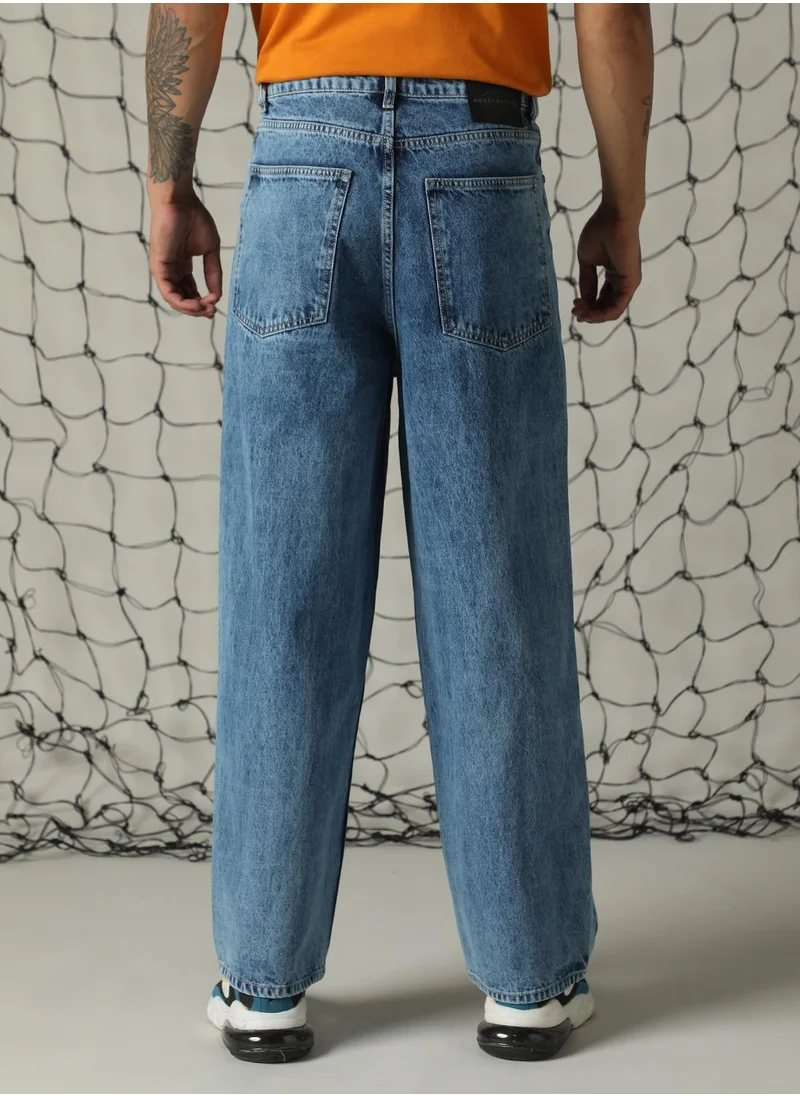 هوبرهولمي Men's Indigo 100% Cotton Distressed Full Length Loose Fit Jeans