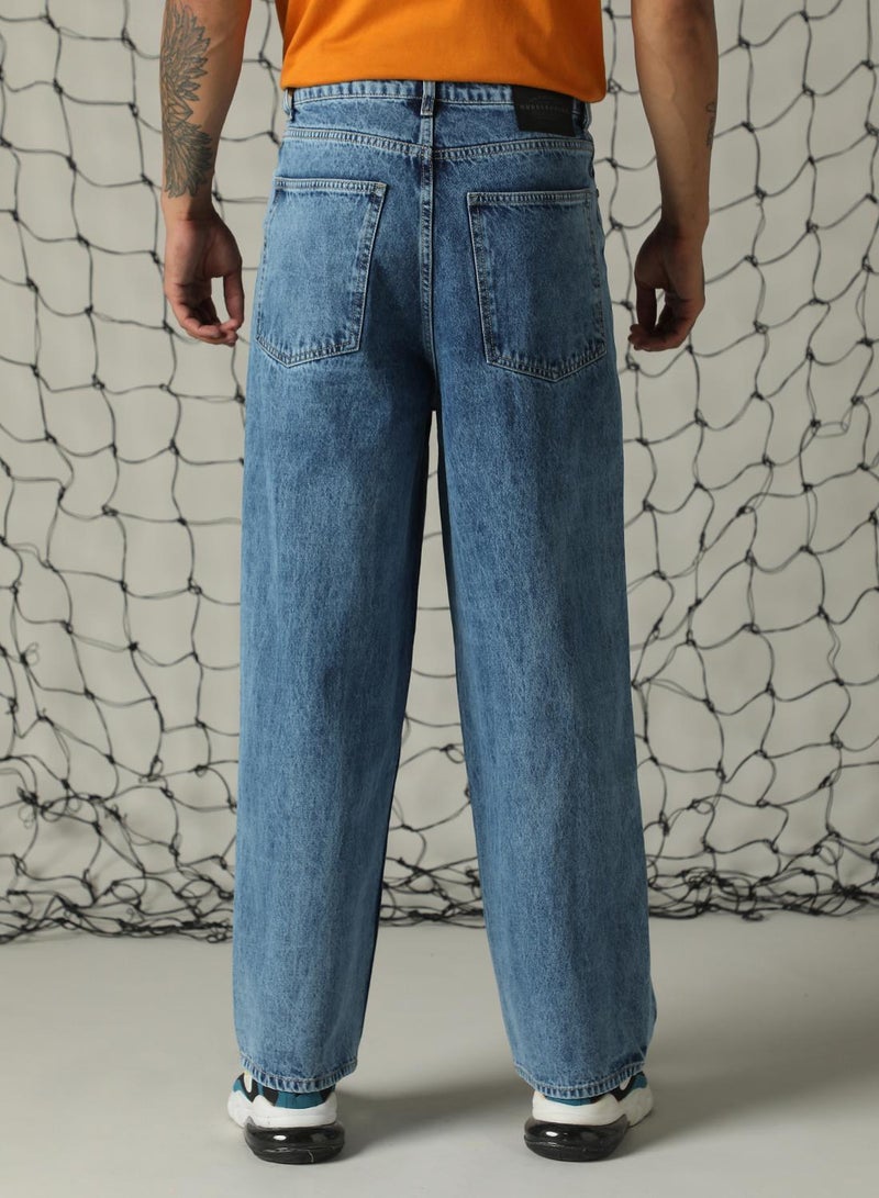 Hubberholme Men's Indigo 100% Cotton Distressed Full Length Loose Fit Jeans  - Image 3