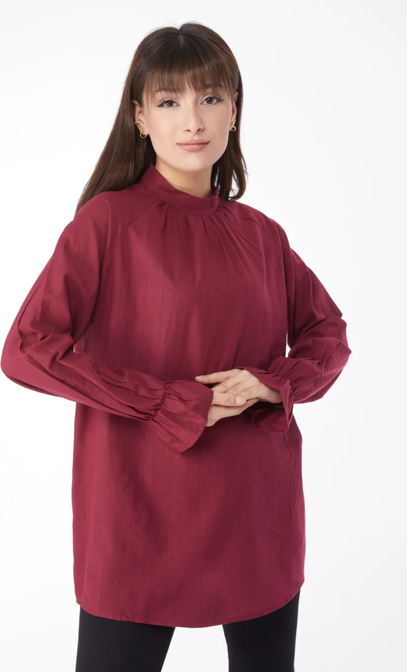 Tofisa Plain Judge Collar Women's Burgundy Tunic - 13146
