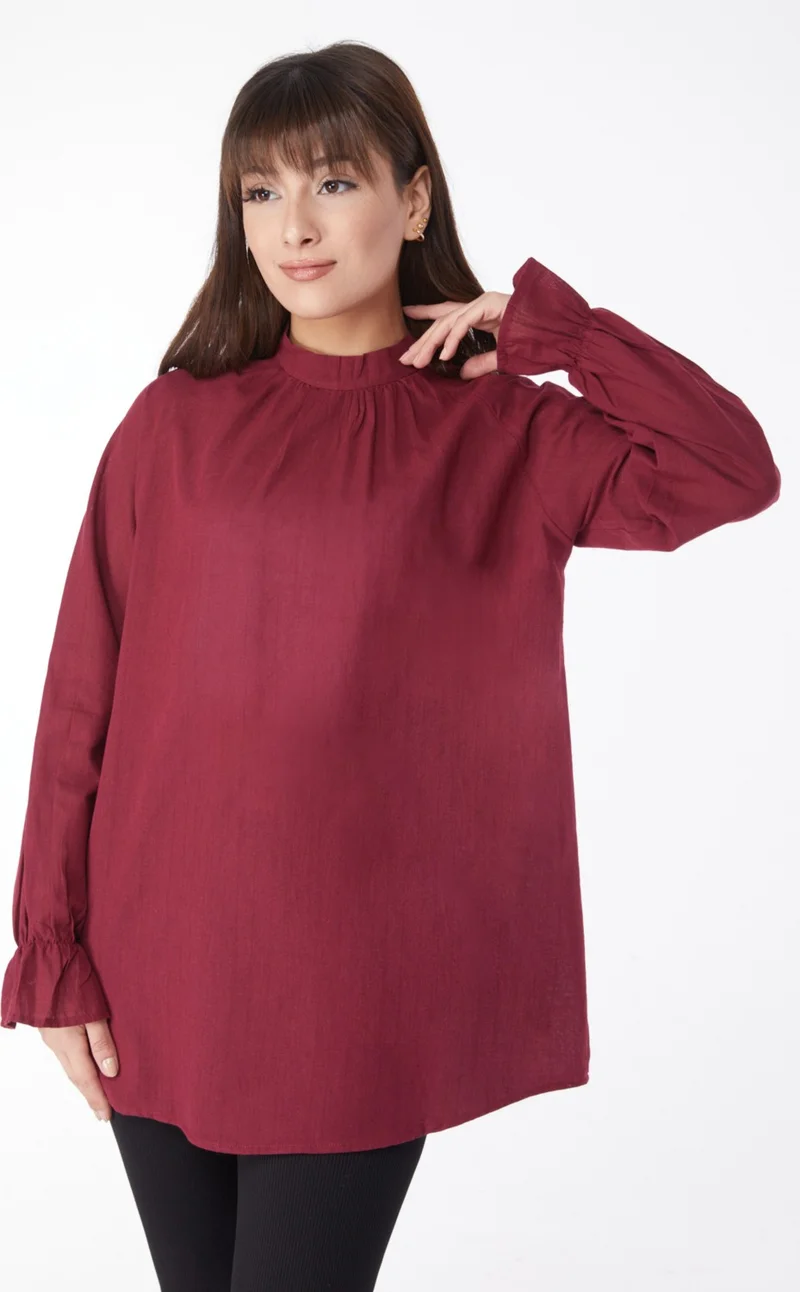 Tofisa Plain Judge Collar Women's Burgundy Tunic - 13146