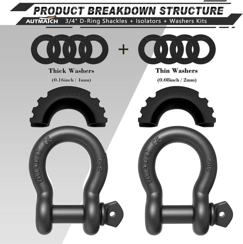 AUTMATCH D Ring Shackle 3/4" Shackles (2 Pack) 41,887Ibs Break Strength with 7/8" Screw Pin and Shackle Isolator Washers Kit for Tow Strap Winch Off Road Vehicle Recovery Gunmetal Gray - Image 2