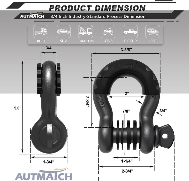 AUTMATCH D Ring Shackle 3/4" Shackles (2 Pack) 41,887Ibs Break Strength with 7/8" Screw Pin and Shackle Isolator Washers Kit for Tow Strap Winch Off Road Vehicle Recovery Gunmetal Gray - Image 3