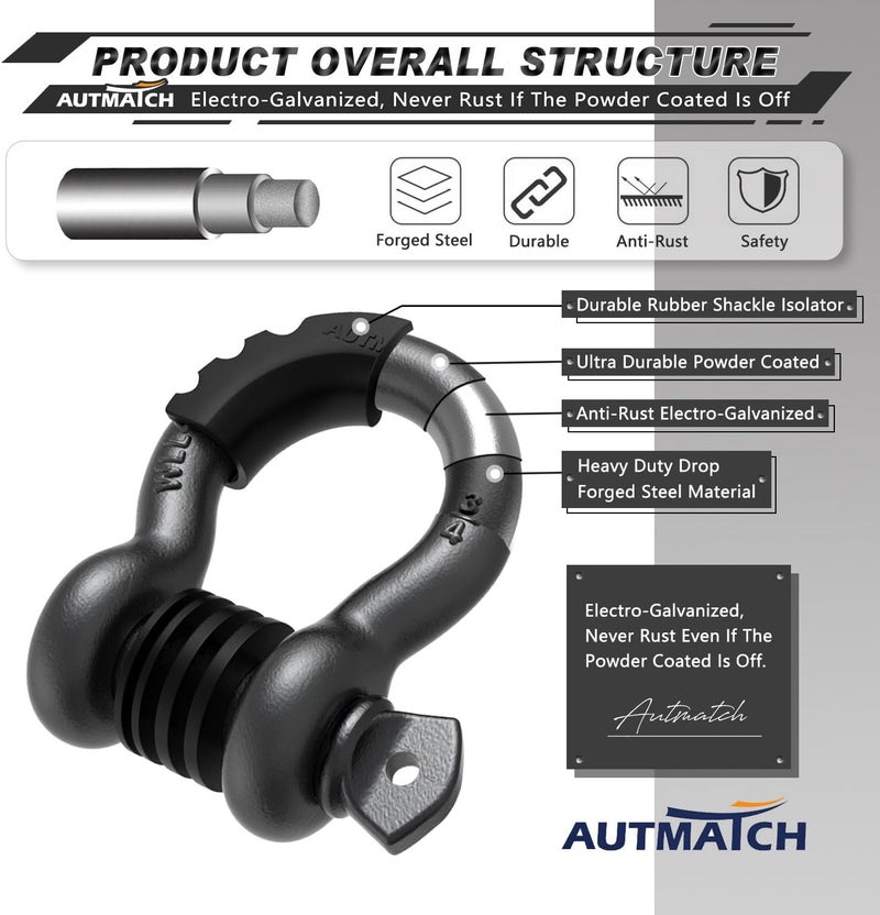 AUTMATCH D Ring Shackle 3/4" Shackles (2 Pack) 41,887Ibs Break Strength with 7/8" Screw Pin and Shackle Isolator Washers Kit for Tow Strap Winch Off Road Vehicle Recovery Gunmetal Gray - Image 4